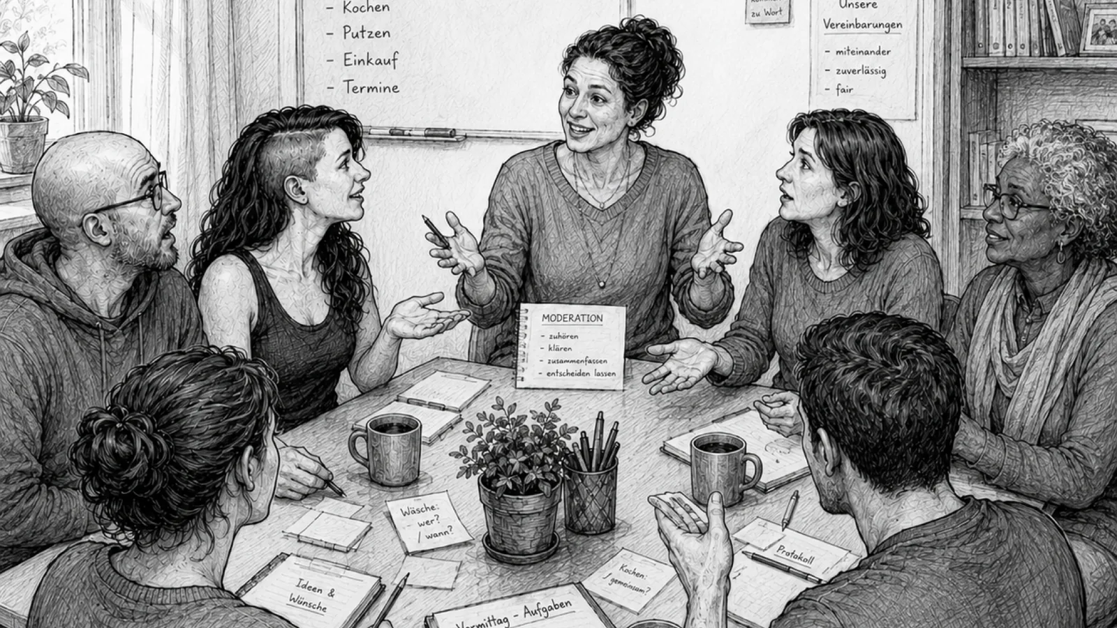 Illustration: Eine vielfältige Gruppe sitzt im Gespräch an einem Tisch; in der Mitte moderiert eine Person auf Augenhöhe.